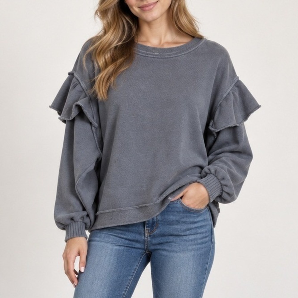 Aerie Womens Gray Ruffle Sleeve Sweatshirt Raw Hem Pullover Top Size S Baggy